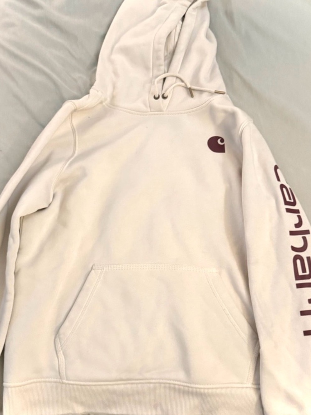 Carhartt Women's Cream Hoodie with Maroon Logo and Sleeve Script